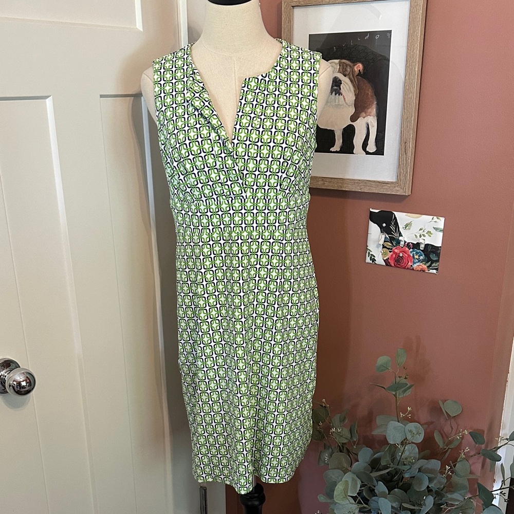 Jude Connally Ellie Green Blue White Geometric Midi sleeveless shift M Dress